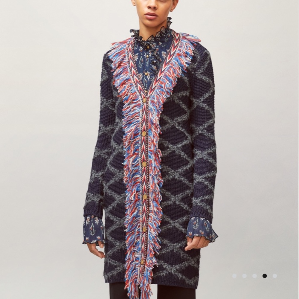 TORY BURCH TWEED TRIM LONG WOOL CARDIGAN WITH ALLOVER FRINGE IN TORY NAVY SIZE S - Picture 2 of 8